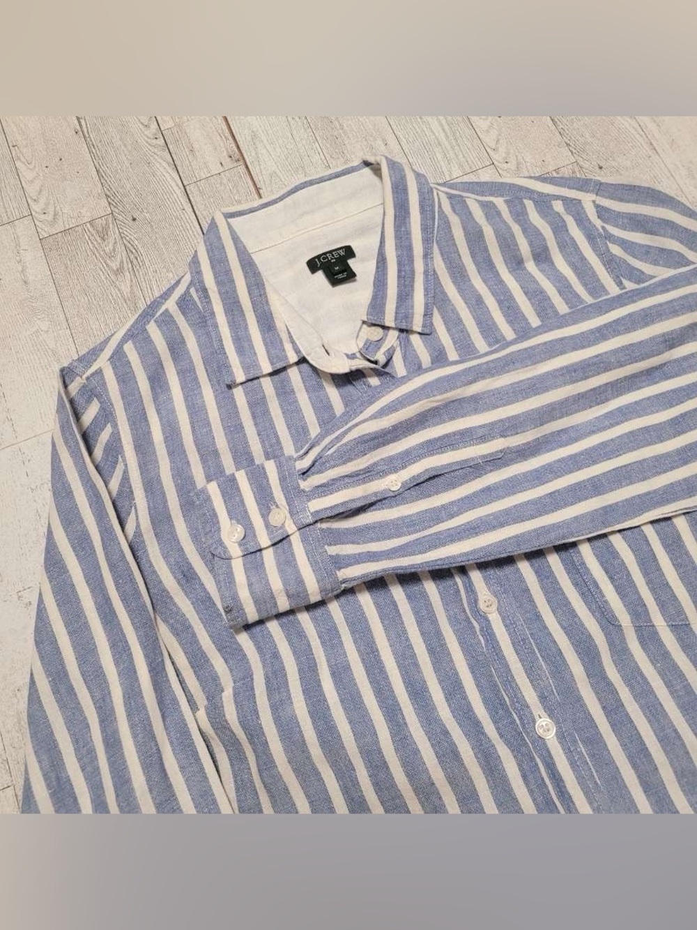 Women’s J Crew 100% Linen Blue White Striped Button Up Shirt Size M